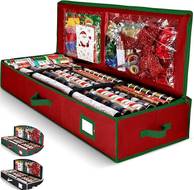 Premium Wrapping Paper Organizer Storage | Gift Wrap Holder With Extra Pockets for Christmas Decorations, Reinforced Handles, Heavy Duty, Ultra-Durable, Tear-Proof Fabric - Fits Up to 27 Rolls (Red)