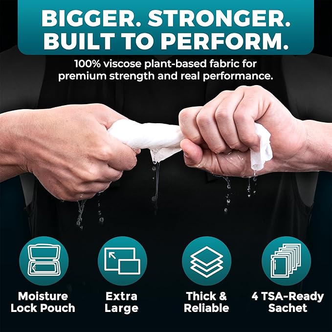 XL Body Wipes for Men - 50 No Rinse Shower Sheets + 4 Travel Bath Sachets - 10 x 11.5" After Gym Mens Deodorant Wipes - Adult Disposable Washcloths, Face Towels for Camping Essentials & Survival Gear