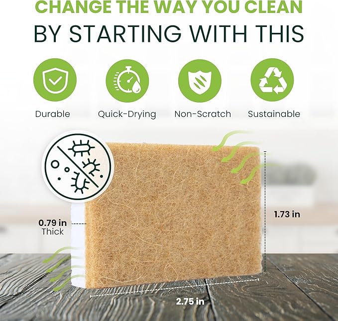 Tieralia Natural Dish Sponge Set – 12-Pack Eco-Friendly & Compostable Scrubbers | Cellulose & Sisal | Non-Toxic, Odor-Free, Reusable Kitchen Sponges for Dishes, Sink, Pots & Pans