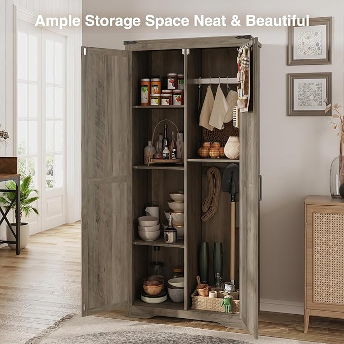 Set of 2 Farmhouse Rustic Grey Storage Cabinet with Adjustable Shelves, Large Pantry Organize with 2 Barn Doors, Tall Freestanding Cabinet for Kitchen, Bathroom, Garage, Living, Utility Room