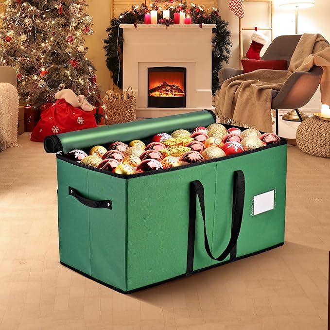 Mrrihand Christmas Ornament Storage Box, Ornament Storage Container with 8 Trays-Xmas Decoration Organizer Keeps 128 Holiday Ornaments 3-Inch, Dual Zipper Closure, 600D Tear-Proof（Green）
