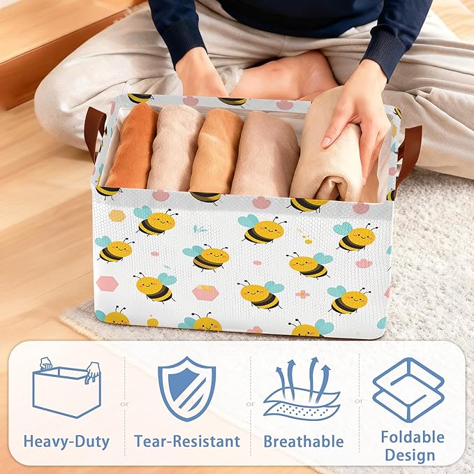 Cute Bee Storage Basket,Collapsible Storage Bin Cubes for Living Room Bedroom Blankets Home Storage 17x11.5x10Inch