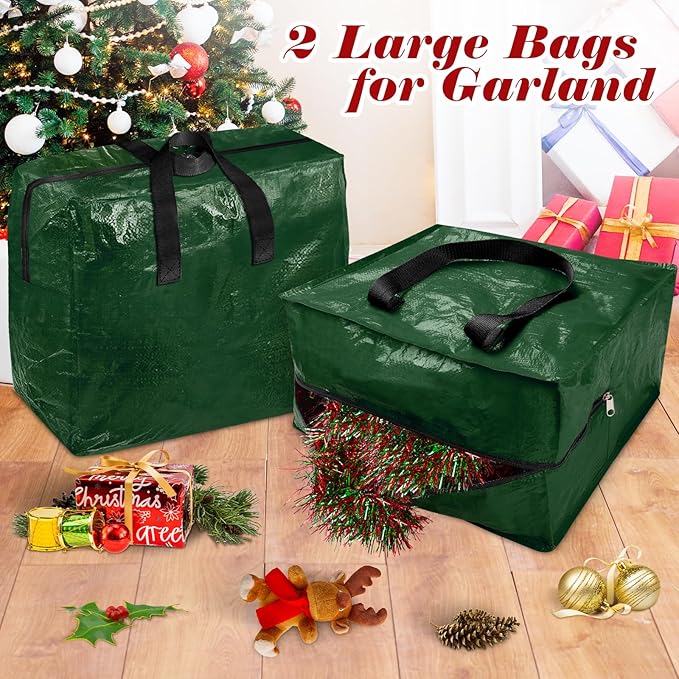 Christmas Tree Storage Bag 7.5 Ft With 2 Large Tinsel Garland Bags, Waterproof Material, Reinforced Handles & Dual Zipper, Green