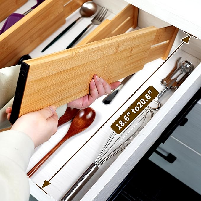 Utoplike Bamboo Drawer Dividers Large, 4'' High Adjustable Kitchen Drawer Organizers for Clothing, Spring Loaded, Works in Bathroom, Bedroom, Dresser, Desk, 4 pcs
