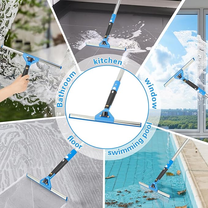 Feeloco 75'' Window Squeegee Cleaner Tool, Professional Window Cleaning Kit for Glass with 360° Rotation & Extension Pole- Glass Cleaner Tool with Scrubber for Windows,Glass,Bathroom,Shower