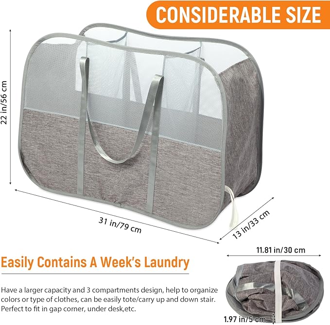 Collapsible Laundry Baskets with 3 Compartment, 150L Tear-proof Pop Up Hamper, Foldable Laundry Basket with Tote Handles, Dirty Clothes Hamper for Laundry, Bedroom, Bathroom, Dorm Grey