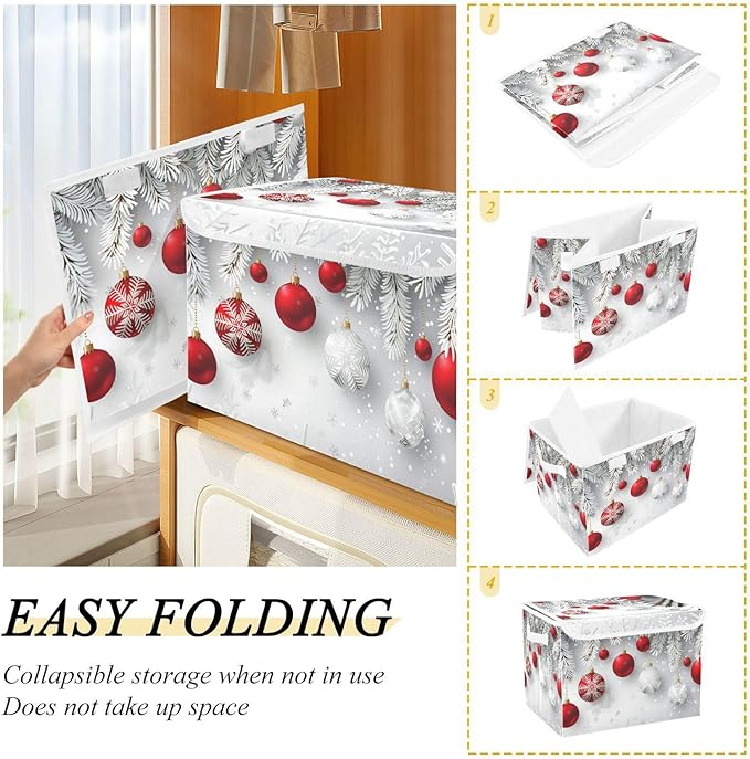 senya Christmas Baskets Collapsible Storage Bins with Lids, Christmas Snowflakes Balls Pattern Storage Boxes Clothes Baskets for Organizing, B06D22020