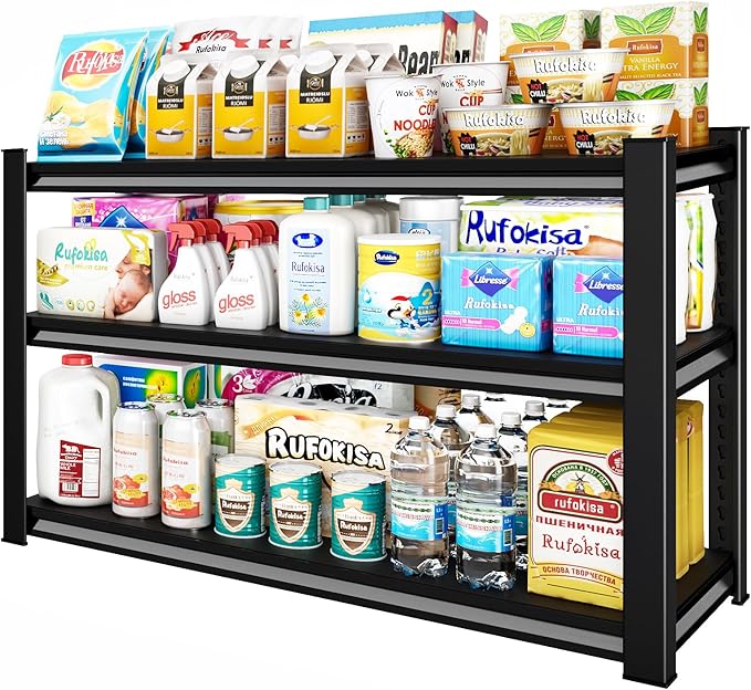 Rufokisa 3-Tier Garage Shelving Heavy Duty，48" W Metal Shelving Unit for Garage, 1650 lbs Load Capacity Utility Rack Shelves＆ Garage Shelves, 48”W x 18”D x 39”H(Black)