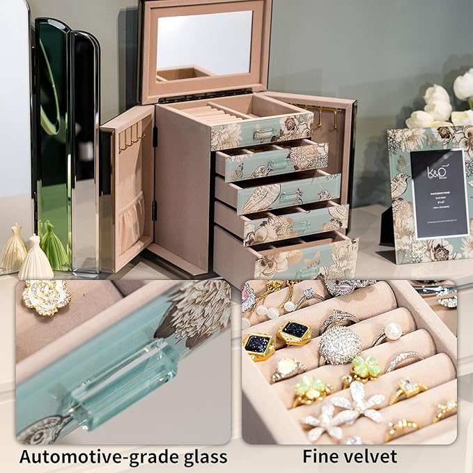 Glass Jewelry Box, 5-Layer Storage Case,Jewerly Boxes for Women Girls,Jewelry Gift Decorative Boxes, Art Painting Tabletop Ornament Organizer For Earring Necklace Watch Christmas Gifts
