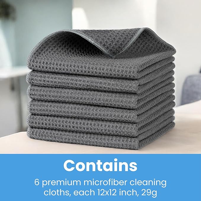 Microfiber Towels for Cars 12 x 12 inches Waffle Weave Microfiber Towel, Barista Towels, Multipurpose Use, Lint Free Cloth For Glass, Dusting & Appliances, 6 Pack Premium Microfiber Cleaning Cloth