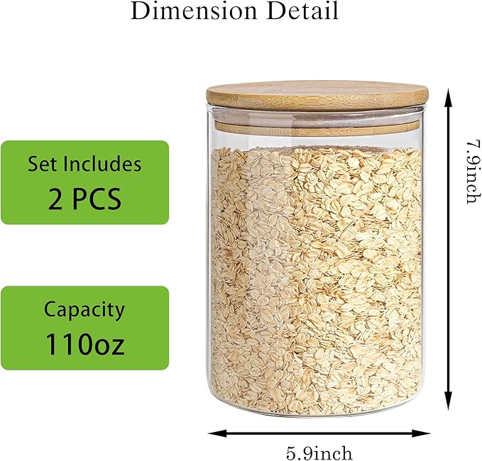 EQEY Glass Storage Jars Set Elegant Containers with Airtight Bamboo Lids, Perfect for Kitchen Organization - Flour, Rice, Pasta, Sugar, Coffee Beans, Accessories Included (2 packs(111oz))