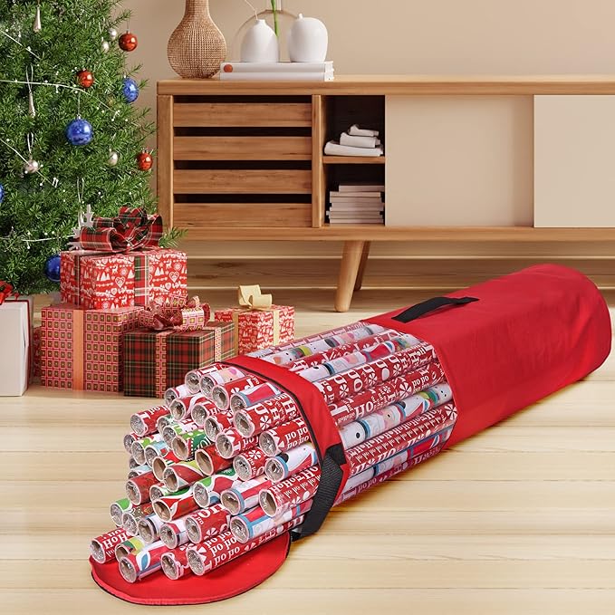 Primode Wrapping Paper Storage Bag | Wrapping Paper Organizer Under Bed for Storing Multiple Rolls of Gift Wrap, 42” Length Container Constructed of Durable 600D Oxford Material (Red)