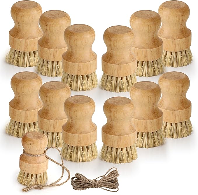 KEJJNYER 12 Pcs Bamboo Dish Brush, Wooden Bamboo Dish Scrub Brushes, Round Wooden Dishwashing Brush Sisal Bristles for Pan Pot Sink Kitchen Cleaning