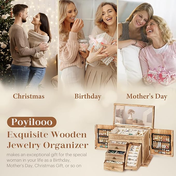 Jewelry Box Organizer, Solid Wood Jewelry Boxes fow Women with Mirror, Double Layer Jewelry Organizer Box Display Earring Necklace Bracelet Ring, Rustic Style Small Jewelry Box for Girls