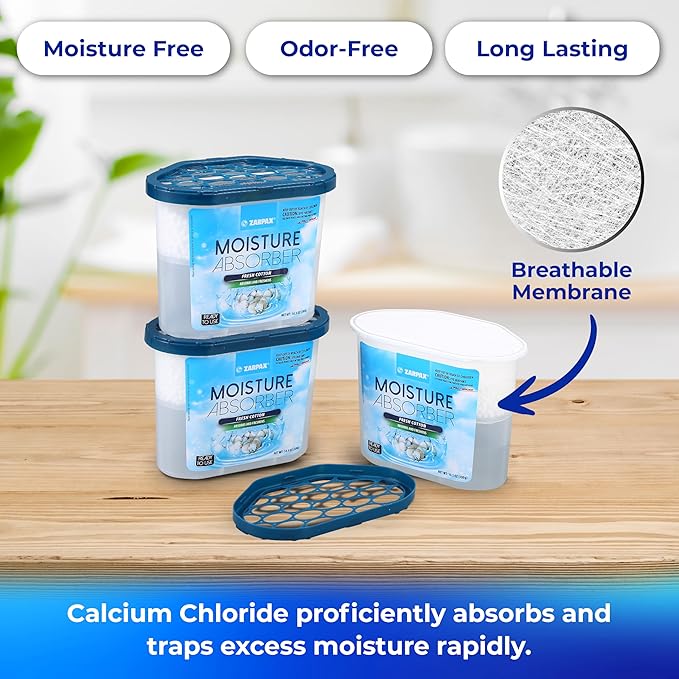 ZARPAX Moisture Absorber Fresh Cotton 10.5 oz/300g | Removes Moisture, Damp & Humidity | Odor Absorber With Fresh Cotton Fragrance | Moisture Trap for Bathroom, Closet, Kitchen | Set of 15