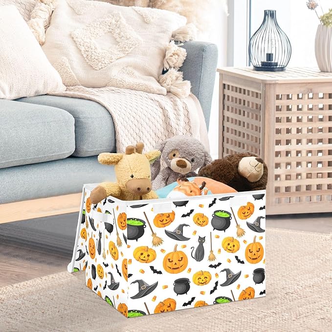 Halloween Storage Baskets Collapsible Storage Bins with Lids, Halloween Pumpkin Black Cat Ghost Bat Pattern Storage Boxes Clothes Baskets for Organizing