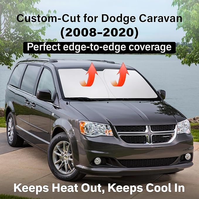 EcoNour Windshield Sun Shade Compatible for Dodge Caravan 2008–2020 | Minivan Front Window Sunshade | Foldable Sun Visor Protector | UV & Heat Blocking | Keeps Interior Cooler