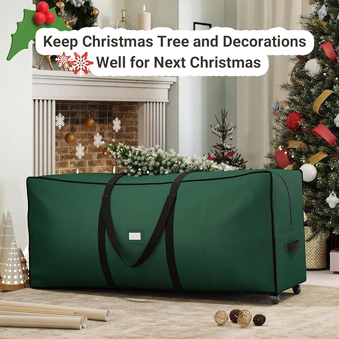 ELYKEN 7.5FT Christmas Tree Storage Bag with Wheels, Rolling Storage Bag for Artificial Christmas Tree and Decorations, Heavy Duty 600D Oxford Fabric, Length-Adjustable Handles, Dual Zippers, Green