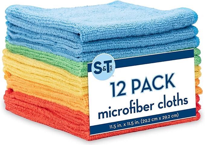 S&T INC. 12 Pack Microfiber Cleaning Cloth, Bulk Towels for Home, Reusable Microfiber Towels for Cars, Cleaning Rags, Assorted, 11.5 Inches x 11.5 Inches, 12 Count