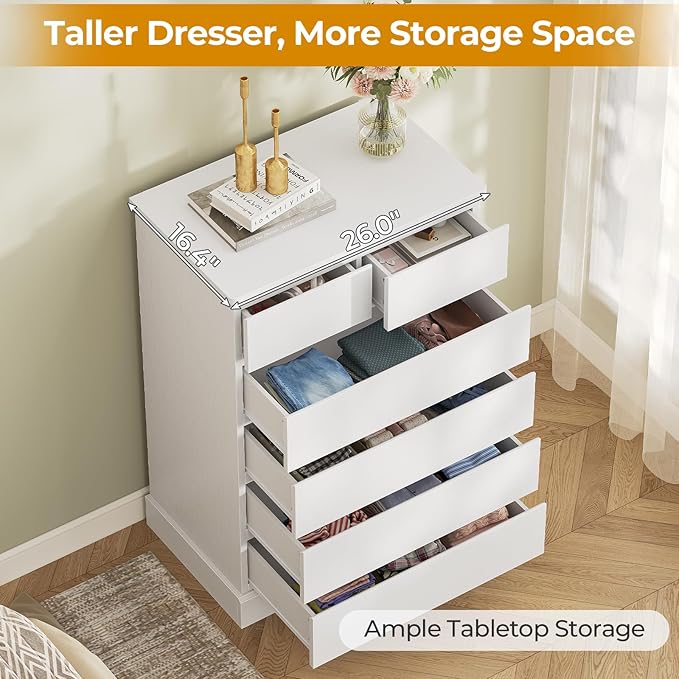 Hasuit 6 Drawer Dresser for Bedroom, Tall Chest of Drawers Storage Organizer for Closet, Modern Clothes Storage Tower with Ample Storage Space, White