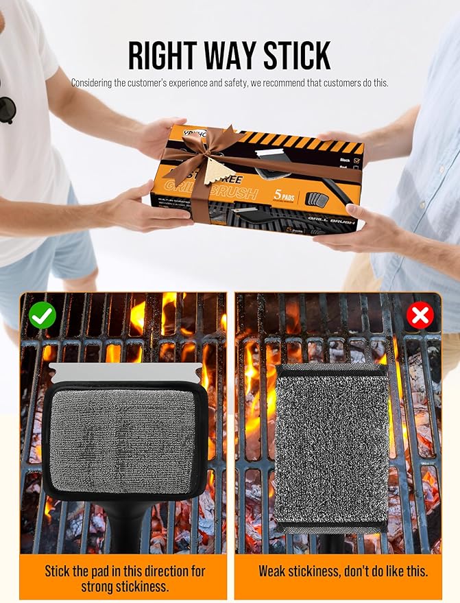 Grill Brush Bristle Free, Grill Cleaner Brush with 5 Replacement Heads, Ultra Safe Grill Brush for Outdoor Grill, Cast Iron, Stainless Steel Grates, Grill Scraper Outdoor BBQ Grill, Black