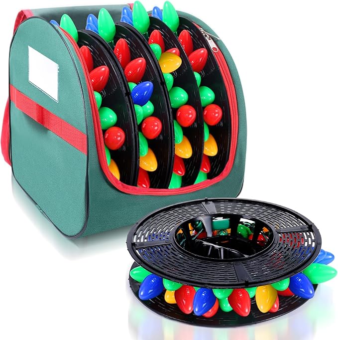 Christmas Light Storage Bag - Tear Proof 600D Oxford Fabric/Internal PVC Material with Reinforced Handles - With 4 Reels Stores up to 500 Ft Holiday Mini Christmas Tree Lights & Extension Cords,Green