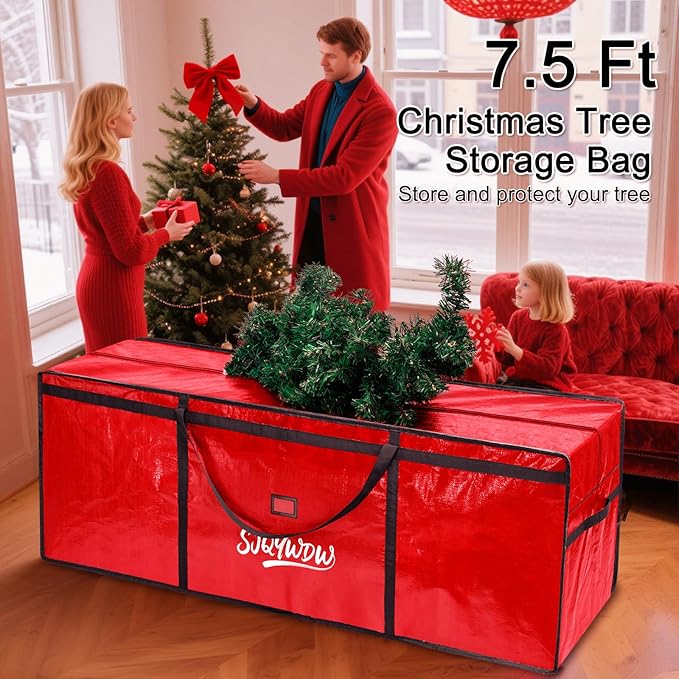 Christmas Tree Storage Bag 7.5 ft, Heavy Duty Artificial Xmas Trees Bag with Reinforced Handles, Dual Zippers Wide Opening, Two Mesh Pockets, Water Resistant for Holiday Tree Storage (Red)