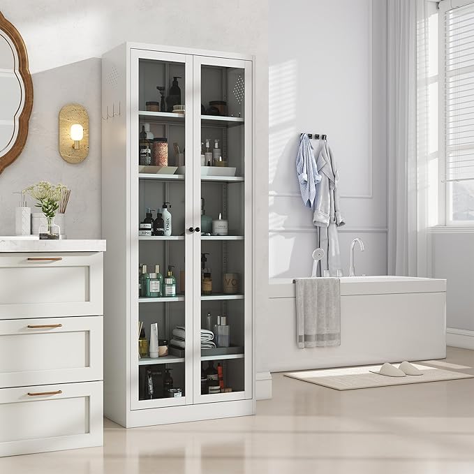 Kitchen Pantry Cabinet, 72" H Storage Cabinet with Glass Doors and Adjustable Shelves, Metal Bathroom Cabinets, Freestanding Cupboard for Kitchen, Living Room, Assembly Required, White