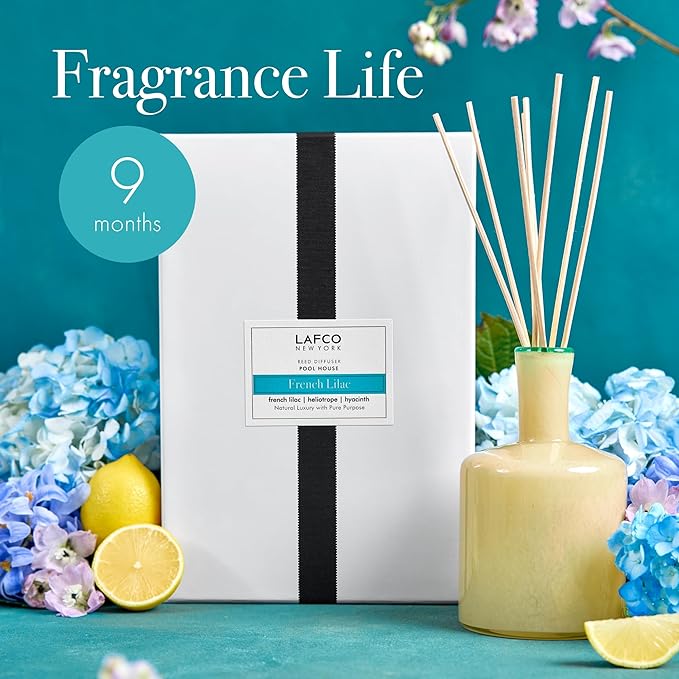 LAFCO New York Signature Reed Diffuser, French Lilac - 15 oz - Up to 9 Months Fragrance Life - Reusable, Hand Blown Glass Vessel - Natural Wood Reeds - Made in The USA