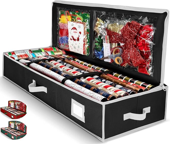 Premium Wrapping Paper Organizer Storage | Gift Wrap Holder With Extra Pockets for Christmas Decorations, Reinforced Handles, Heavy Duty, Ultra-Durable, Tear-Proof Fabric - Fits Up to 27 Rolls (Black)