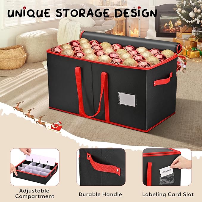 Mrrihand Christmas Ornament Storage Box, Ornament Storage Container with 8 Trays-Xmas Decoration Organizer Keeps 128 Holiday Ornaments 3-Inch, Dual Zipper Closure, 600D Tear-Proof（Black）