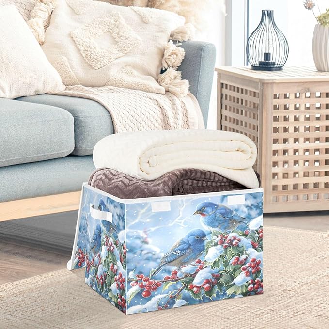 senya Winter Baskets Collapsible Storage Bins with Lids, Blue Bird Evergreen Branch Storage Boxes Clothes Baskets for Organizing