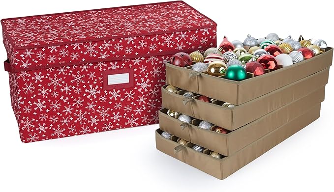 Covermates Keepsakes Adjustable Ornament Storage Box – Heavy-Duty Polyester, Padded Dividers & FlexGrid Trays – Protective Holiday Organizer with Stackable Walls & Label Window, Red Snowflake