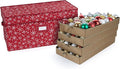 Covermates Keepsakes Adjustable Ornament Storage Box – Heavy-Duty Polyester, Padded Dividers & FlexGrid Trays – Protective Holiday Organizer with Stackable Walls & Label Window, Red Snowflake