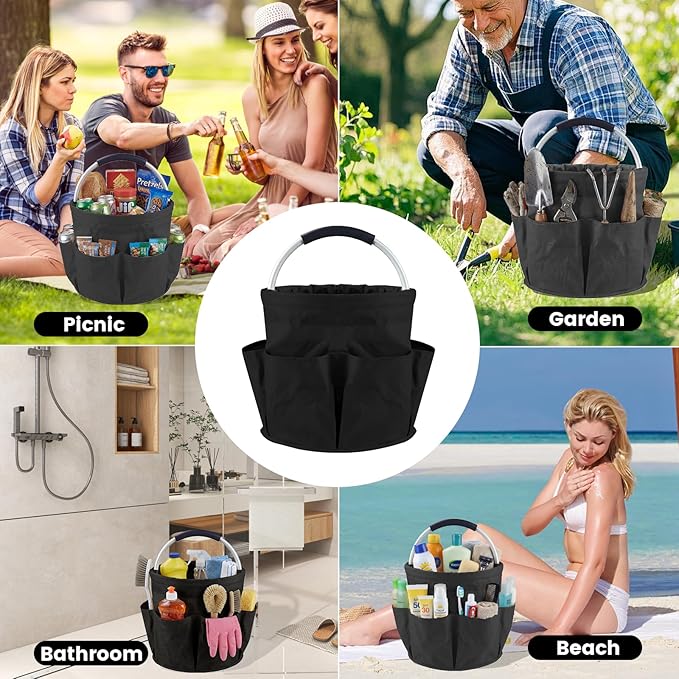 Cleaning Caddy with Handle and 6 Pockets, 17L Cleaning Supplies Organizer, 600D Oxford Fabric Storage Basket, Multifunctional Bucket Bag for Picnics, Camping, Gardening, Bathing (Black)