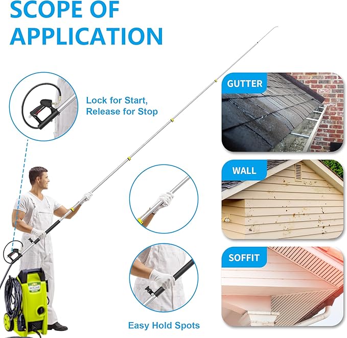 ExtraFein 24 FT Telescoping Pressure Washer Wand Extension, Hot Water Supported Power Washer Extension Wand with Brush Head, 5 Nozzle Tips, 2 Adapters, Harness, Gutter Cleaning Tools from The Ground