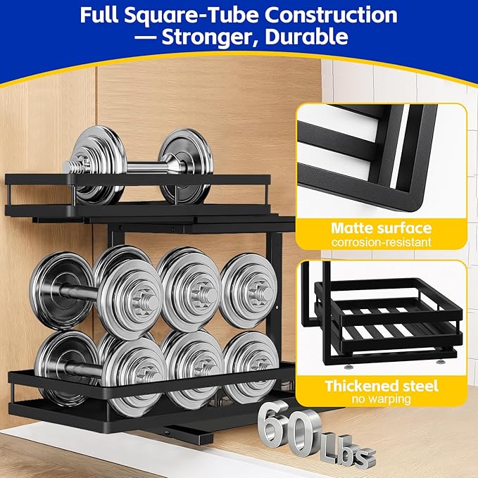 Under Sink Organizer, Dual-Rail Ball-Bearing, Under Kitchen Sink Organizer, 6-Level Adjustable, Under Cabinet Organizer, No-Drill Adhesive/Suction, Under Sink Storage (Matte Black, 2-Pack)