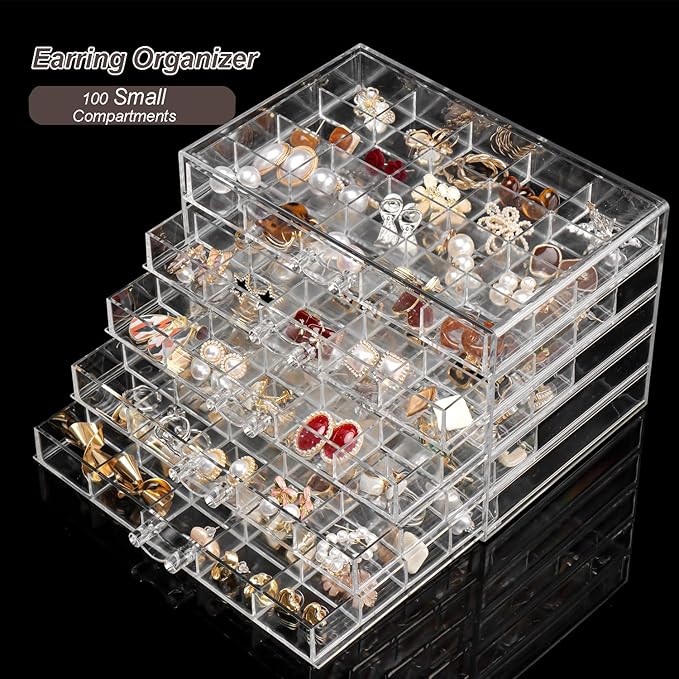 Earring Holder Organizer Acrylic Earring Storage Box for Girls Women Jewelry Organizer Display Case with 100 Small Compartment (Clear, 5 Drawers)