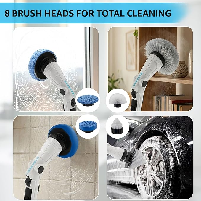 Electric Spin Scrubber – Cordless Power Cleaner with 8 Brush Heads, Long Adjustable Handle, 3 Speed for Deep Bathroom, Tile, Floor & Tub Cleaning, 6-Angle Adjustable