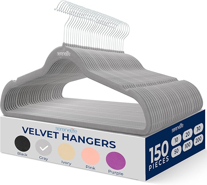 SereneLife 150 Pack Velvet Hangers - Non-Slip with 360° Swivel Hook - Ultra-Thin, Lightweight, Space-Saving, Felt Hangers for Shirts, Sweaters, Hoodies, Kids Clothes & Dresses