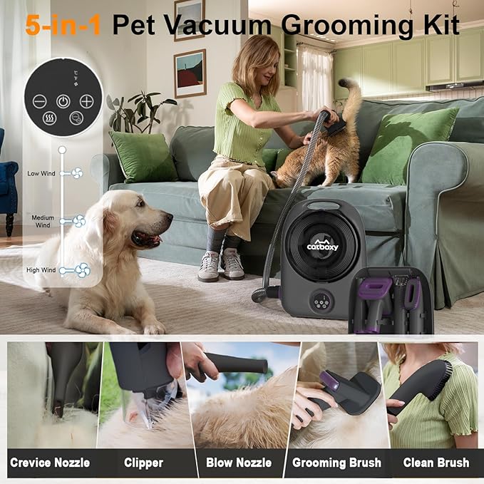 Catboxy Dog Grooming Vacuum and Pet Dryer, 5-in-1 Dog Grooming Kit for Shedding, Low Noise Doggie Hair Blow Dryer, 2.5L Canister for Cat Vacuum Groomer, Portable Pet Trimmers for Dogs, Purple