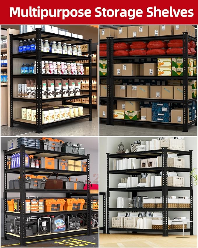 PrimeZone Heavy Duty Garage Storage Shelves - 48" W X 24" D X 72" H Adjustable Metal Shelving Unit, 5 Tier Industrial Shelves for Storage Standing Utility Rack for Warehouse, Basement, Black, 6 Pack