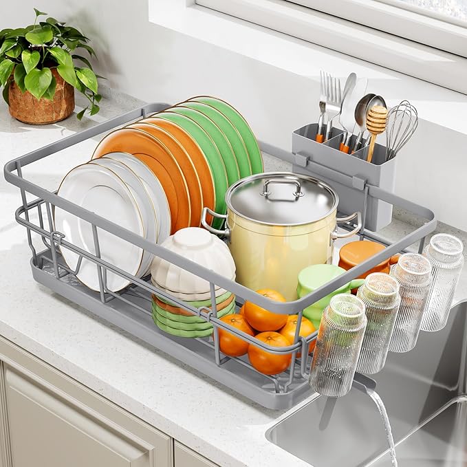 TOOLF Large Dish Drying Rack for Kitchen Counter,Kitchen Dish Racks with Drainboard,Sink Dish Strainer Rack,Countertop Dish Drainer Rack with Cup & Utensil Holders,Gray