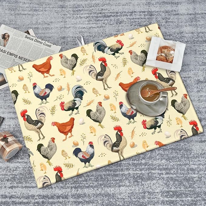 Chicken Dish Drying Mat for Kitchen Counter Cute Kitchen Mat Microfiber Kitchen Countertop Absorbent Reversible Drainer Rack Pad Dish Drying Mat 18 x 24 Inch