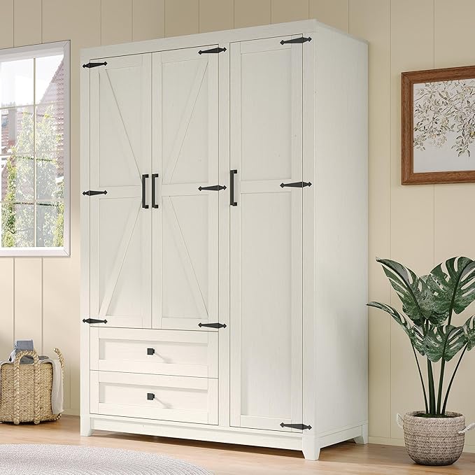 AMERLIFE Farmhouse 3 Door Wardrobe Closet with 2 Drawers & Hanging Rod, 47" Large Armoire Storage Cabinet with Adjustable Shelves, Freestanding Clothing Organizer for Bedroom, White