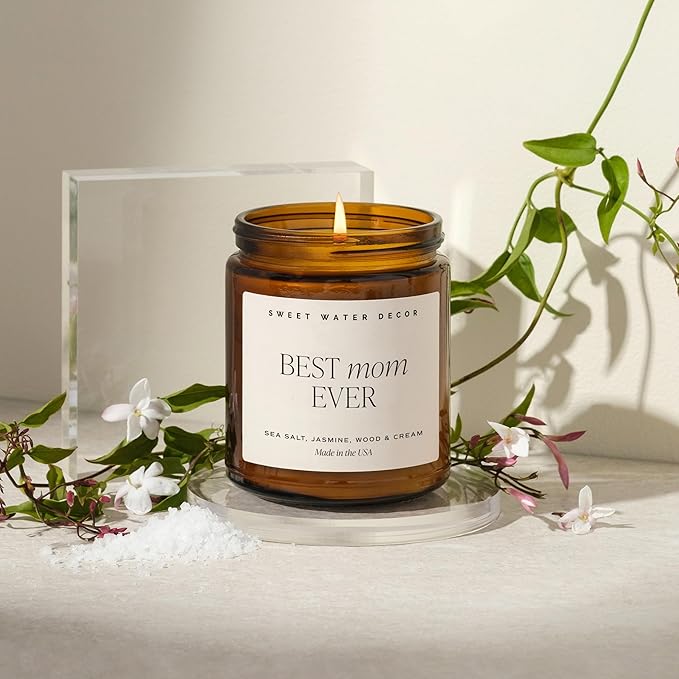 Sweet Water Decor, Best Mom Ever Candle - Sea Salt, Jasmine, Cream, and Wood Scented Soy Wax Candle for Mom - 9oz Amber Jar, 40 Hour Burn Time, Made in The USA