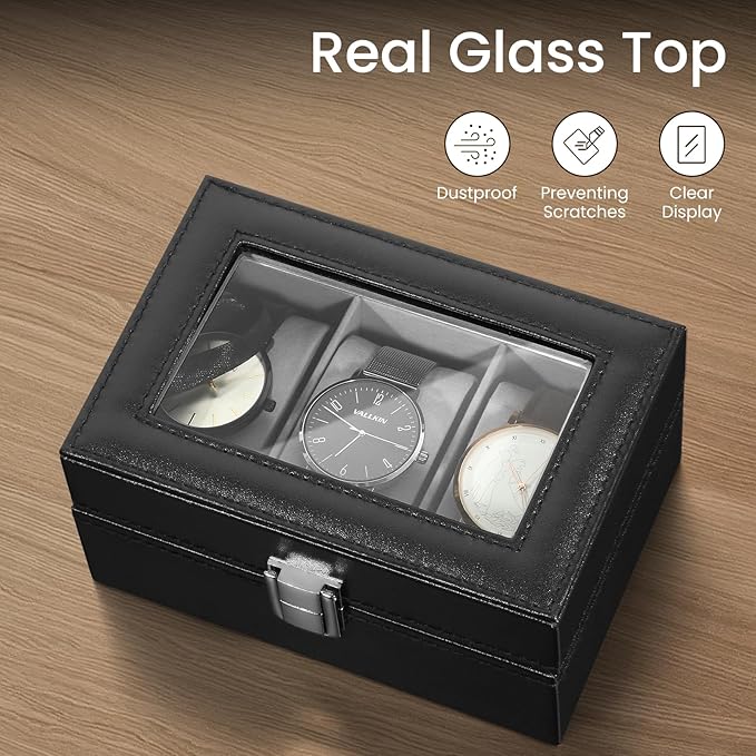Uten 3-Slot Watch Box, PU Leather Watch Case with Glass Lid, Watch Holder Organizer with Soft Pillow and Velvet Lining, Watch and Jewelry Storage Box