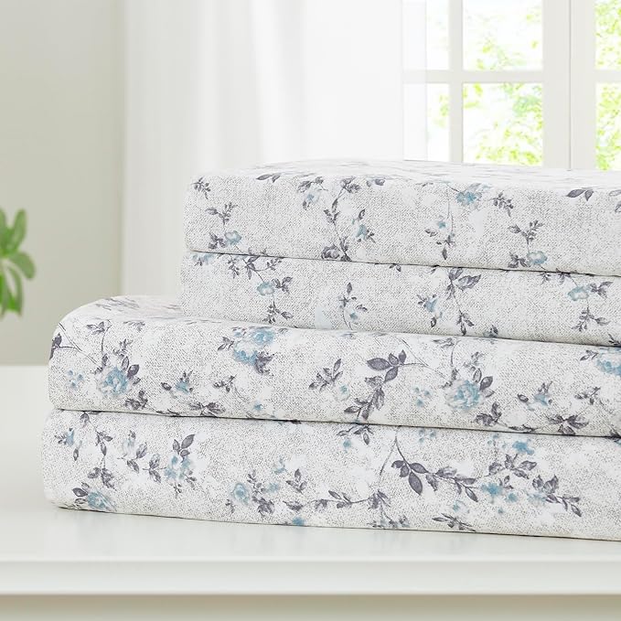 Modern Threads Silky Soft Microfiber and Wrinkle Free Sheets - Luxurious Microfiber Bed Sheets Includes Flat Sheet, Fitted Sheet with Deep Pockets, & Pillowcases Kashmir Rose Blue, King