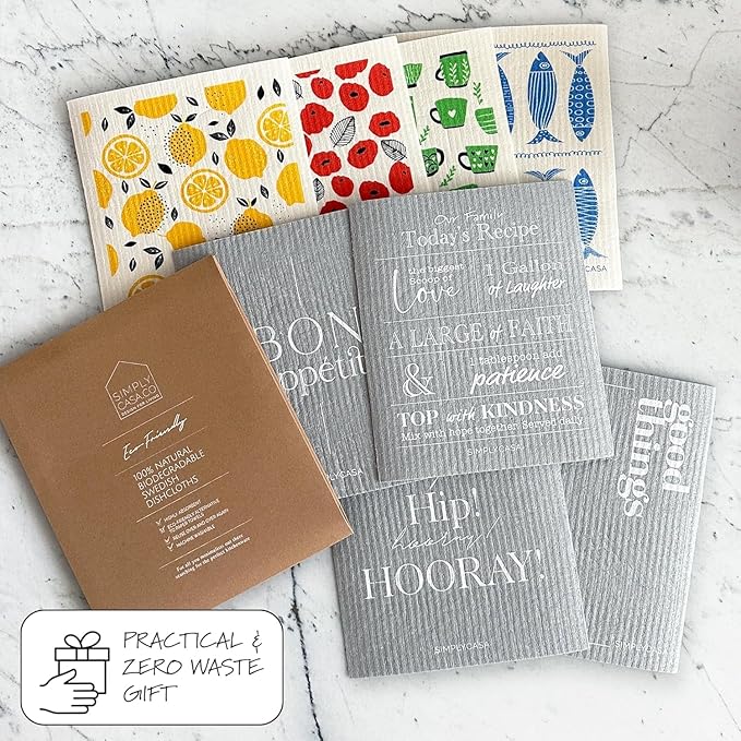 SIMPLYCASA 8 Pack Reusable Swedish Dishcloth, for Kitchen and Household Use, Super Absorbency, Made in Sweden, Cellulose Sponge Dish Cloths, Paper Towel Replacement, Plastic-Free Packaging