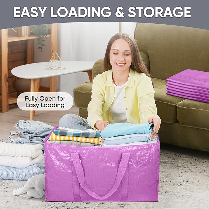 TICONN 8 Pack Extra Large Moving Bags Heavy Duty with Zippers & Carrying Handles, Durable Storage Bags Moving Boxes for Closet Organizers and Storage (8 Pack, Pink)